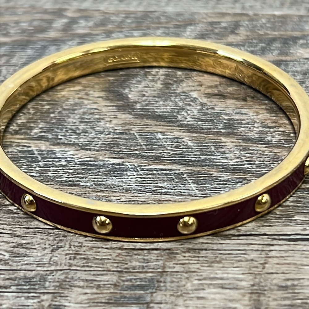 Coach Nailhead Stud Bangle Bracelet | Gold Tone & Burgundy Enamel | 1/4” Width